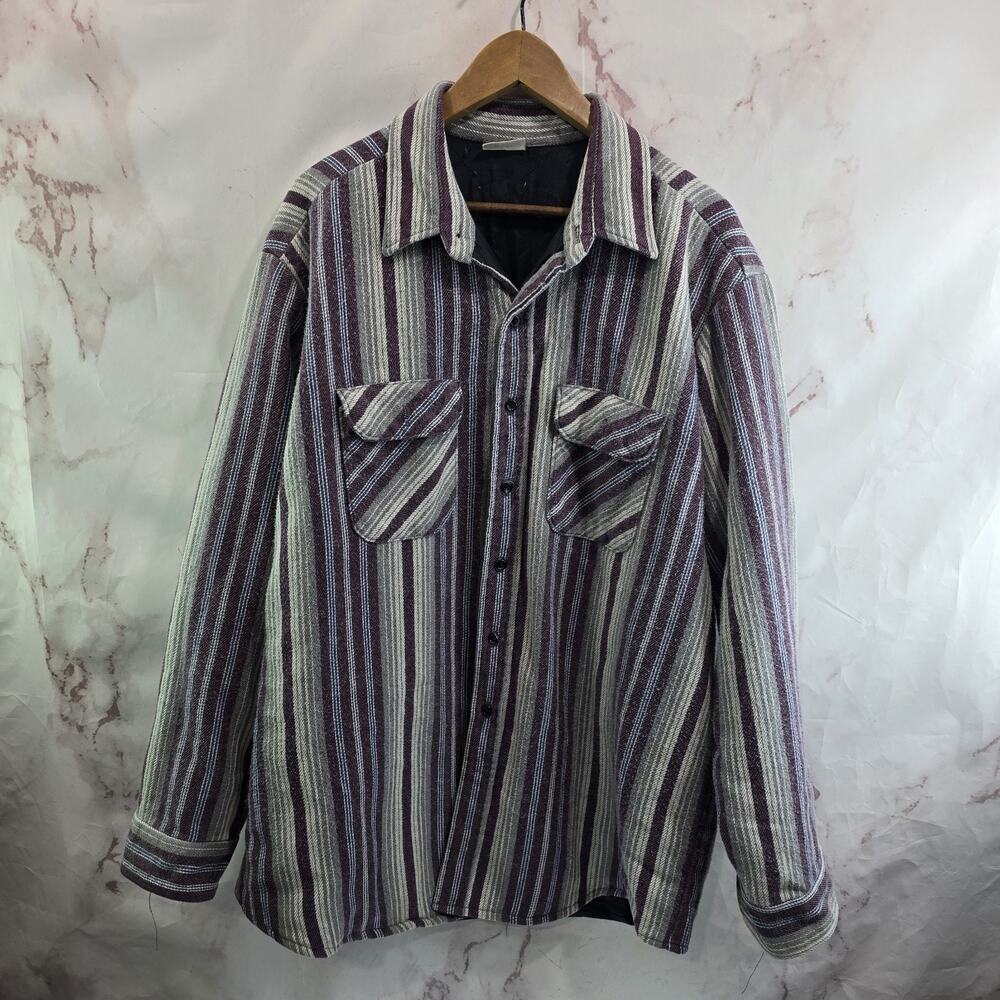 Vintage Shirt Jacket Mens 2XL Purple Striped Flannel Shacket Quilted Lined